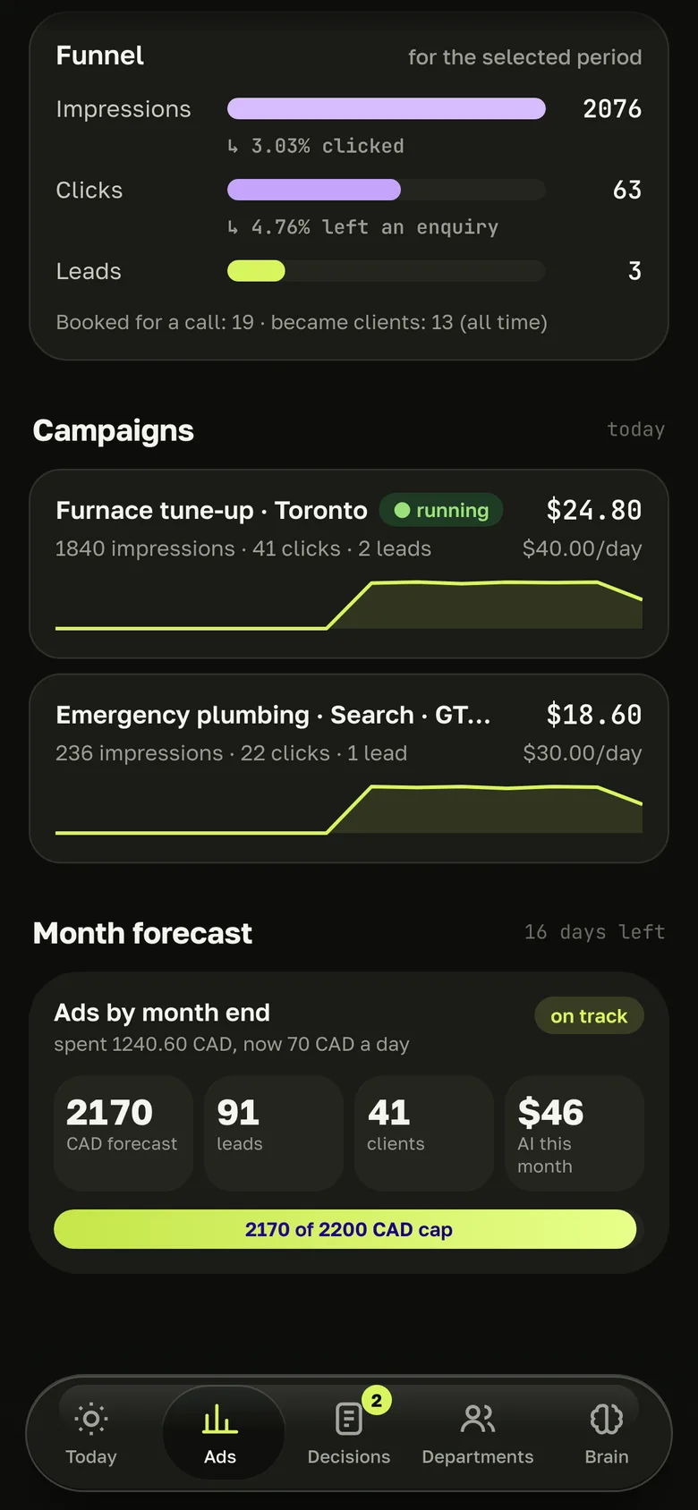 From ad to client: example screen of the Advertux app with sample data