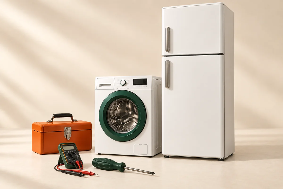 Studio illustration of a washing machine, refrigerator, orange toolbox and appliance repair tools