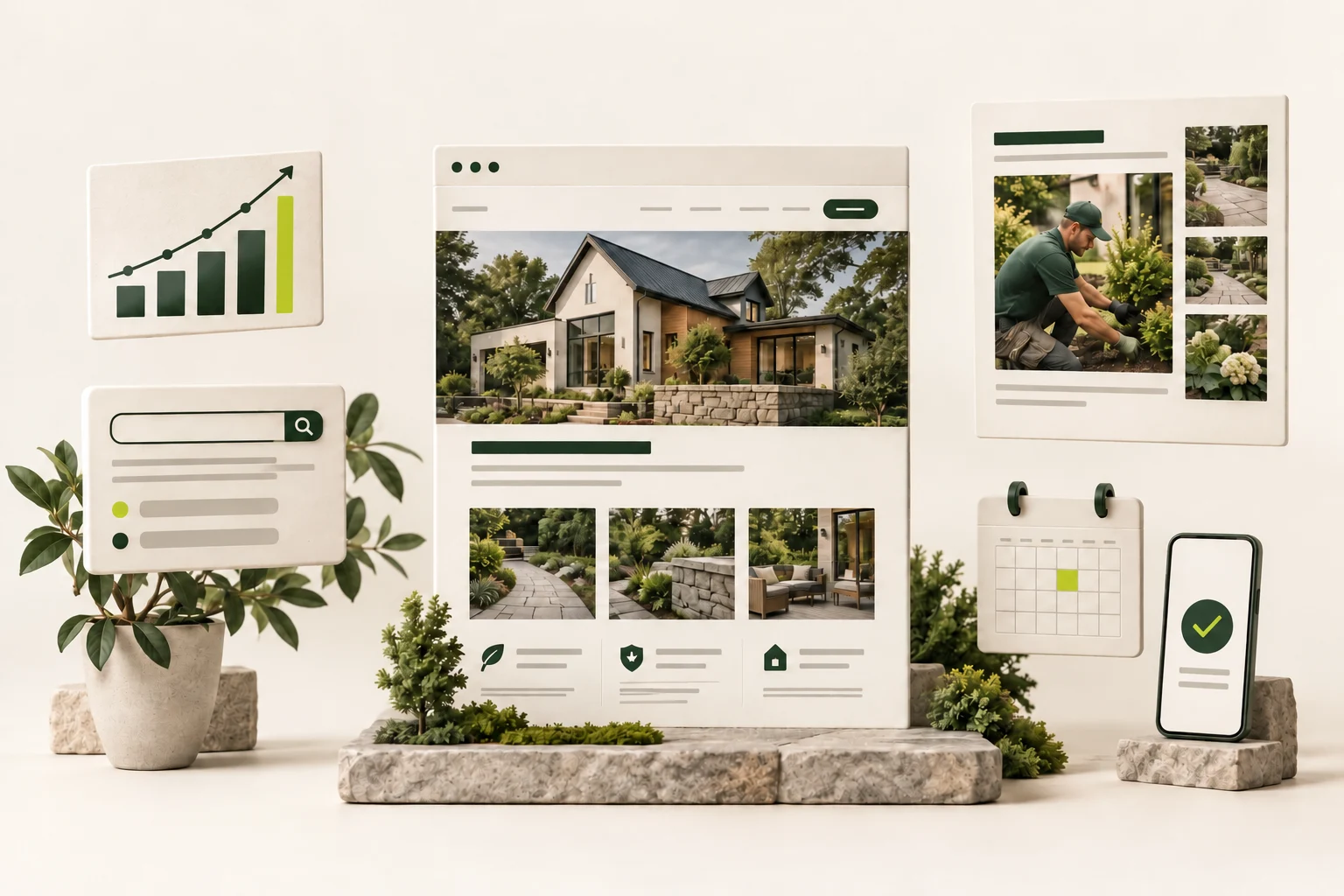 A Living Website connected to analytics, useful content and Telegram approval, in Advertux's green and ivory palette